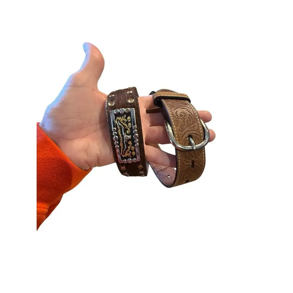 3D Youth Size 26 Western Tooled Leather & Calfhair Belt with Decorative Trim